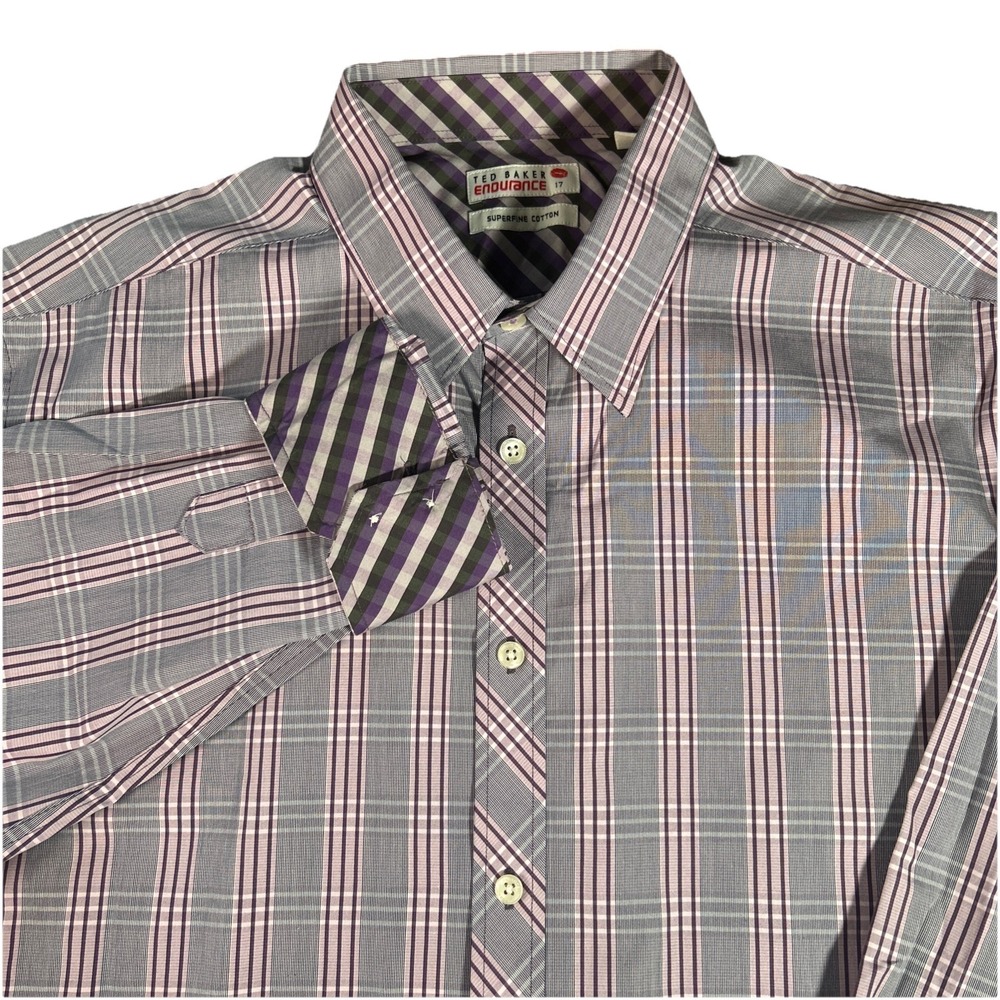 Ted Baker Endurance Mens 17 34-35 Superfine Cotton Plaid Long Sleeve Button Down